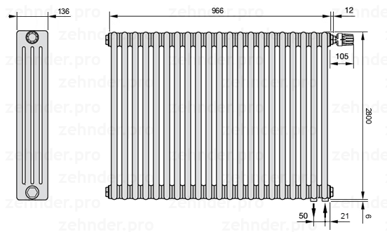 Схема (чертеж) Радиатор Zehnder Charleston 4280/21 №V002 Белый глянцевый RAL 9016
